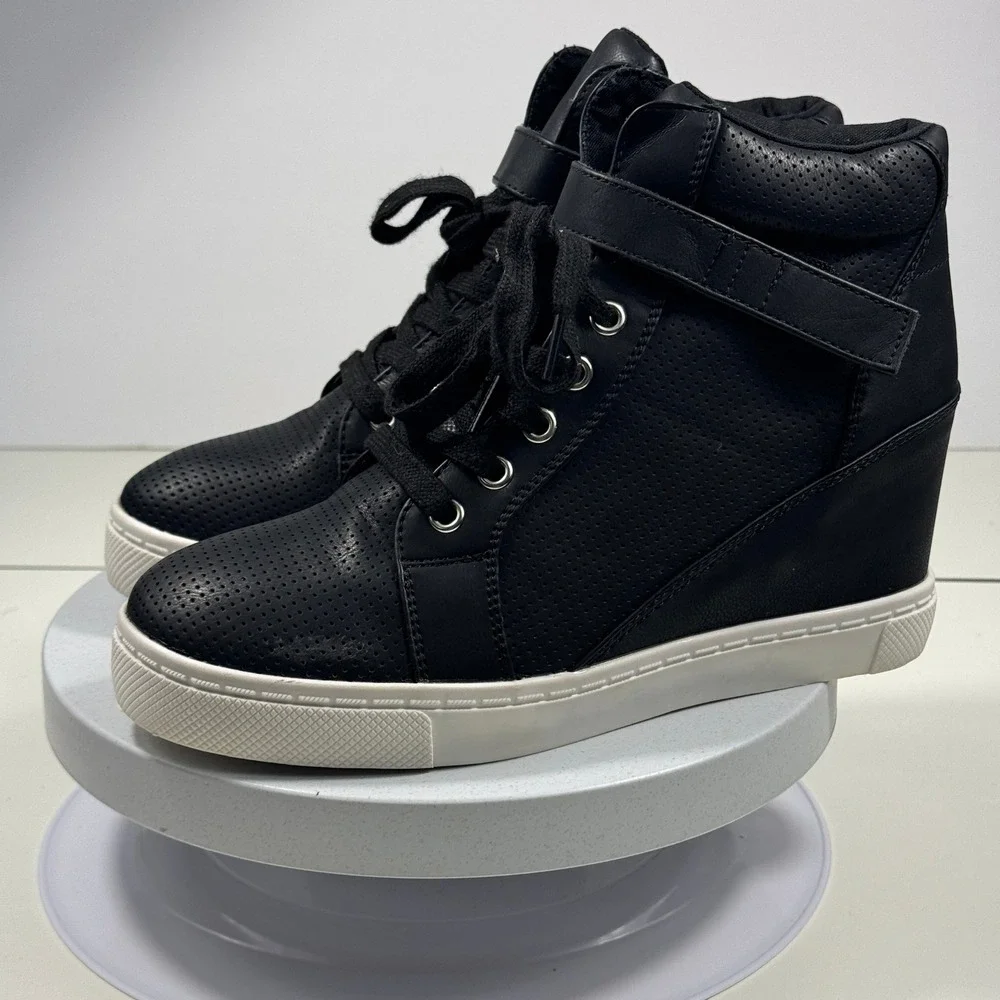 Athlefit Wedge Sneakers Women 8.5 Black High‎ Top Platform Perforated